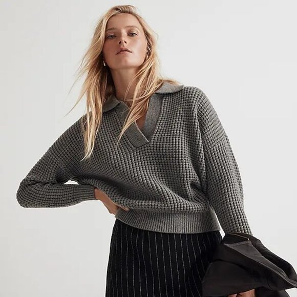 Madewell Waffle Knit Collared Sweater in Gray - Picture 1 of 7